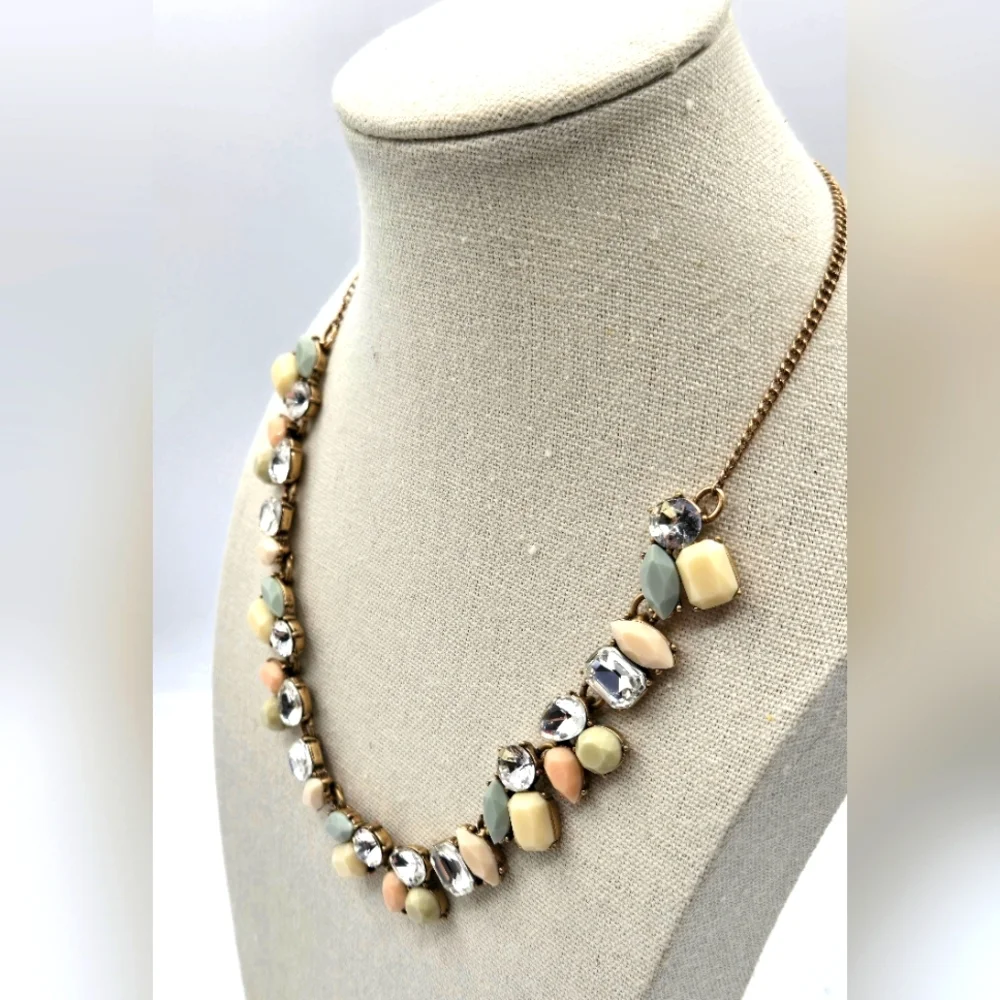 J. CREW VIntage Statement Necklace Faux Pastel Stones Rhinestones Gold Tone